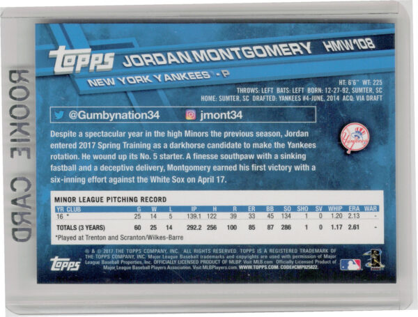 2017 Topps Holiday Jordan Montgomery RC #HMW108 Yankees - Image 3