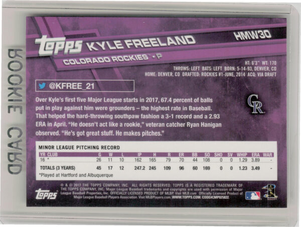 2017 Topps Holiday Kyle Freeland RC #HMW30 Rockies - Image 3