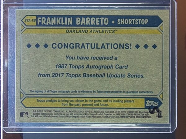 2017 Topps Update Franklin Barreto AU #87A-FB Athletics 1987 Topps Baseball 30th - Image 3