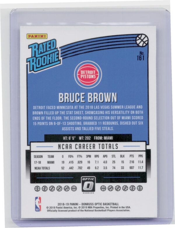 2018-19 Donruss Optic Bruce Brown RC #161 Pistons - Image 3