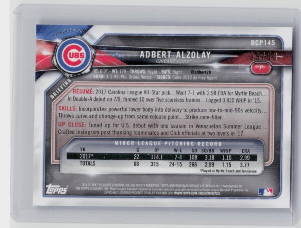 2018 Bowman Adbert Alzolay /50 #BCP145 Cubs Prospects Mojo Refractor Gold - Image 3