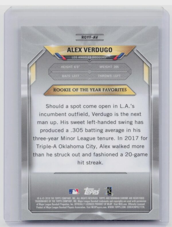 2018 Bowman Alex Verdugo SN99 #ROYF-AV Dodgers Chrome Rookie of the Year - Image 3