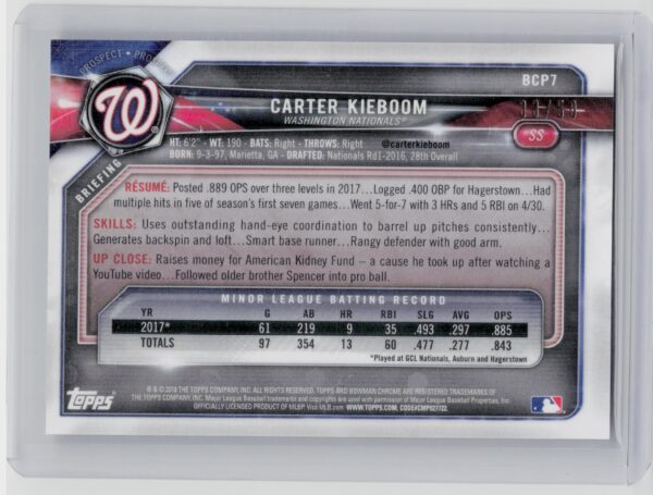 2018 Bowman Carter Kieboom SN50 #BCP7 Nationals Chrome Prospects Mojo Refractor - Image 3