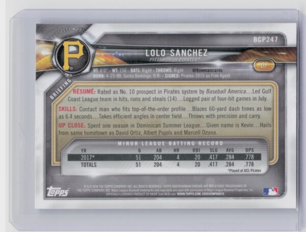 2018 Bowman Chrome LoLo Sanchez #BCP247 Pirates Prospects - Image 3