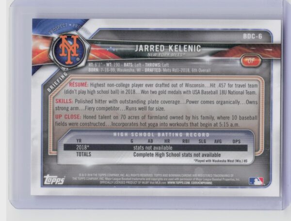 2018 Bowman Draft Jarred Kelenic Chrome #BDC-6 Mets - Image 3