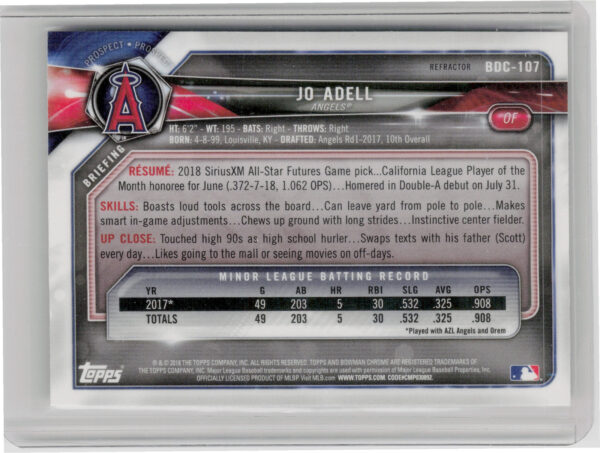 2018 Bowman Draft Jo Adell Chrome Refractors #BDC-107 Angels - Image 3