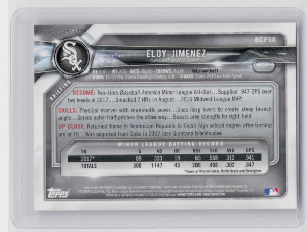 2018 Bowman Eloy Jimenez #BCP50 Sox Chrome Prospects - Image 3