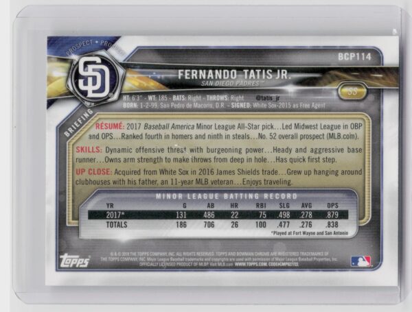 2018 Bowman Fernando Tatis Jr. #BCP114 Padres Chrome Prospects Mojo Refractor - Image 3