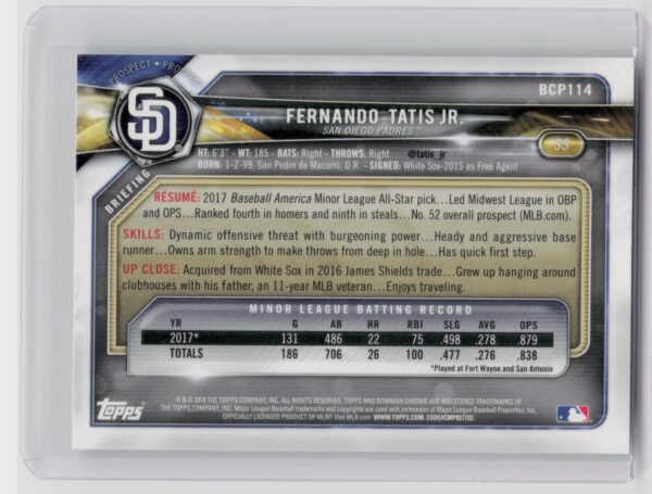 2018 Bowman Fernando Tatis Jr. #BCP114 Padres Chrome Prospects Mojo Refractor - Image 3