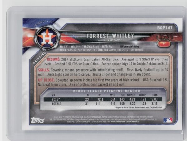 2018 Bowman Forrest Whitley /99 #BCP147 Astros Chrome Prospects Mojo Refractor - Image 3