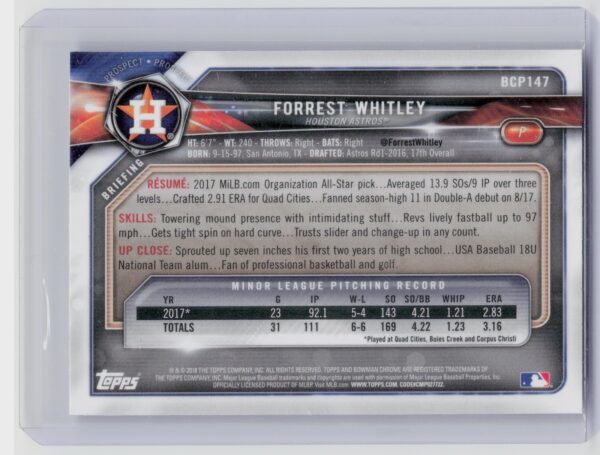 2018 Bowman Forrest Whitley #BCP147 Astros Chrome Prospects Mojo Refractor - Image 3