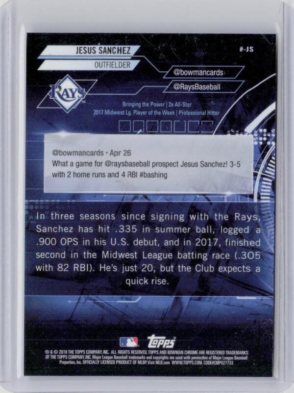 2018 Bowman Jesus Sanchez SN99 ##-JS Rays Chrome #BowmanTrending Mojo Refractor - Image 3