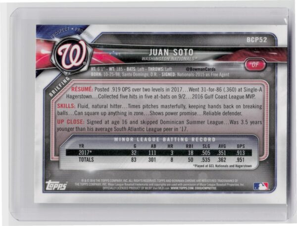 2018 Bowman Juan Soto #BCP52 Nationals Chrome Prospects Mojo Refractor - Image 3