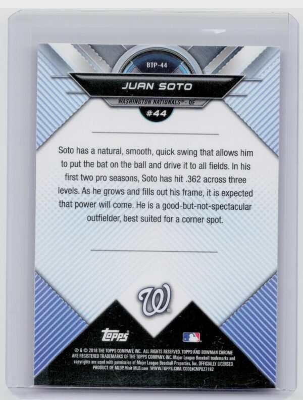 2018 Bowman Juan Soto #BTP-44 Nationals Bowman Chrome Scouts' Top 100 - Image 3
