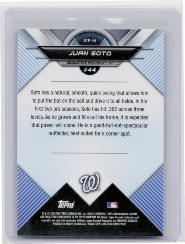 2018 Bowman Juan Soto #BTP-44 Nationals Bowman Chrome Scouts' Top 100 - Image 3