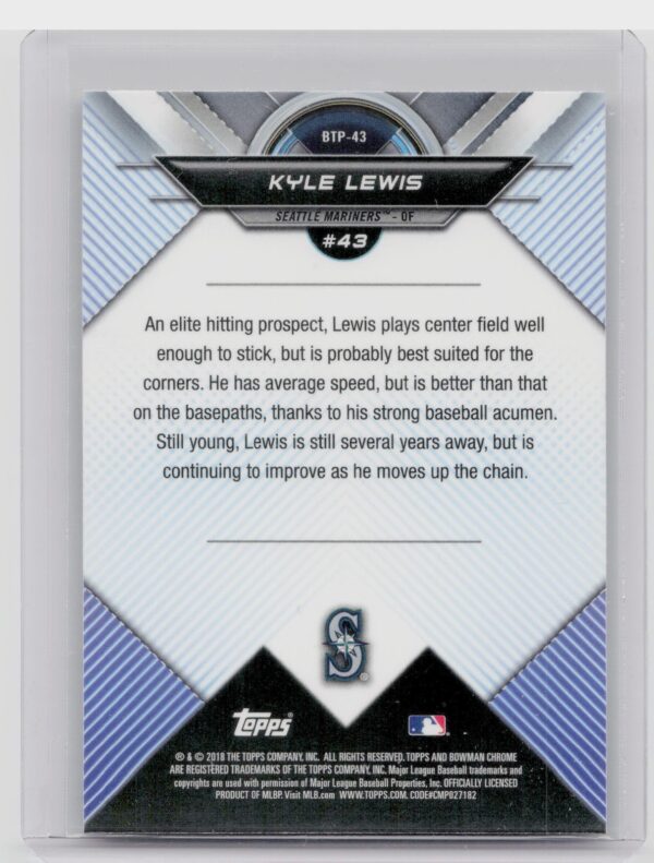 2018 Bowman Kyle Lewis #BTP-43 Mariners Bowman Chrome Scouts' Top 100 - Image 3