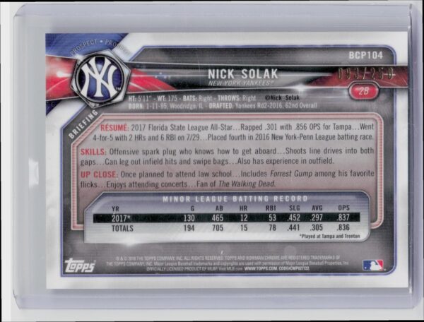 2018 Bowman Nick Solak /250 #BCP104 Yankees Chrome Prospects Mojo Refractor Purp - Image 3