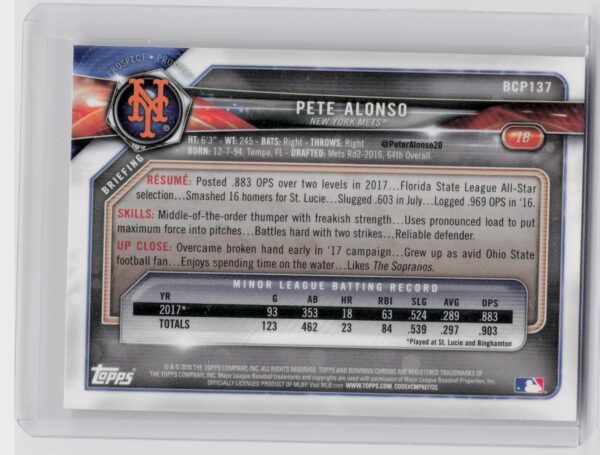 2018 Bowman Pete Alonso #BCP137 Mets Chrome Prospects Mojo Refractor - Image 3