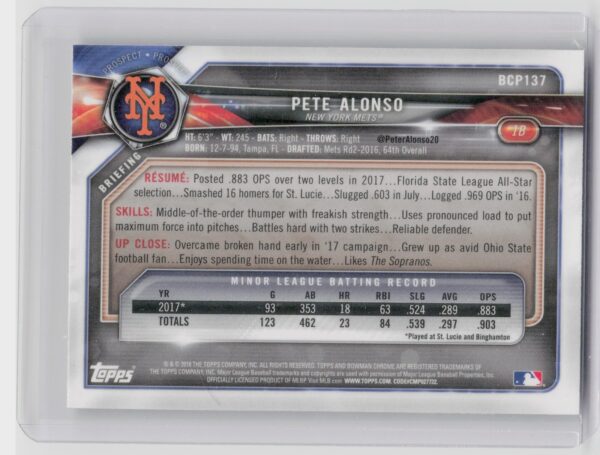 2018 Bowman Pete Alonso #BCP137 Mets Chrome Prospects Mojo Refractor - Image 3