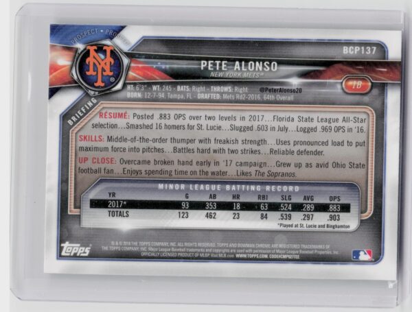 2018 Bowman Pete Alonso #BCP137 Mets Chrome Prospects Mojo Refractor - Image 3