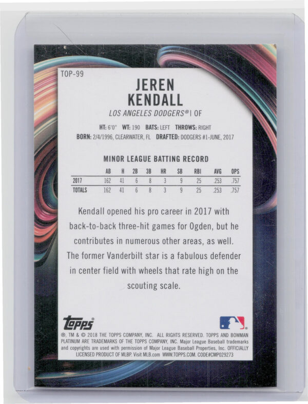 2018 Bowman Platinum Jeren Kendall SN25 #TOP-99 Dodgers Top Prospects Orange - Image 3