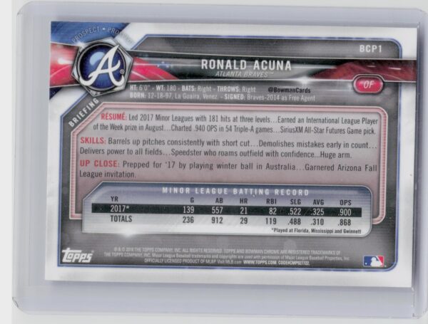 2018 Bowman Ronald Acuna #BCP1 Braves Chrome Prospects Mojo Refractor - Image 3