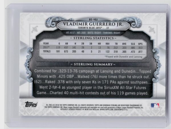 2018 Bowman Vladimir Guerrero Jr. #BS-VGJ Jays Bowman Sterling Continuity - Image 3
