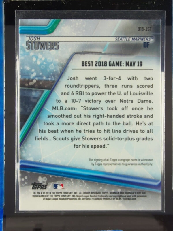 2018 Bowman's Best Josh Stowers AU #B18-JST Mariners Best of 2018 Autographs - Image 3