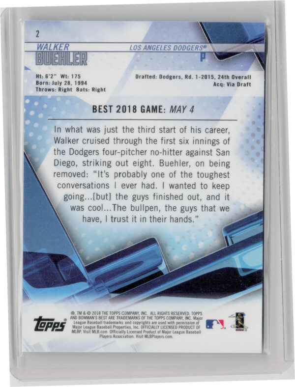 2018 Bowman's Best Walker Buehler Blue SN150 #2 Dodgers - Image 3