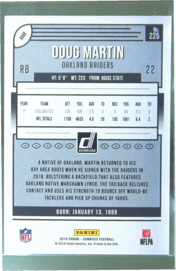 2018 Donruss Doug Martin Press Proof Bronze #225 Raiders - Image 3