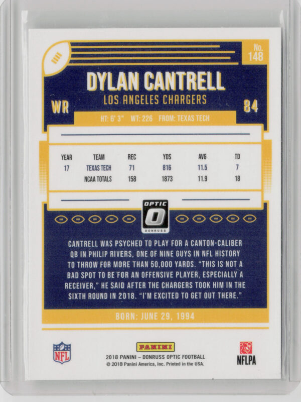 2018 Donruss Optic Dylan Cantrell RC #148 Chargers - Image 3