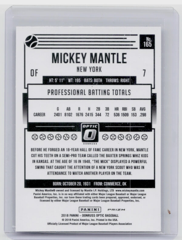 2018 Donruss Optic Mickey Mantle Holo VAR #165 Yankees - Image 3
