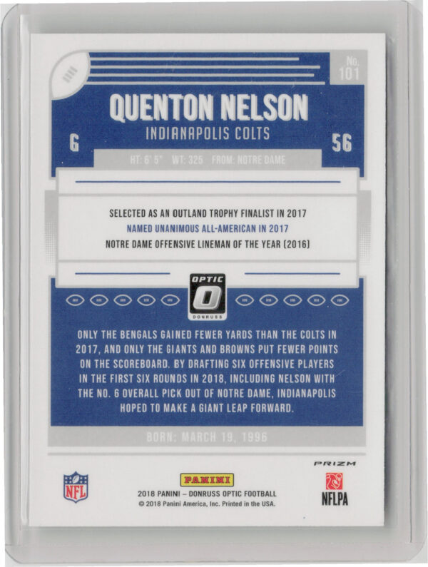 2018 Donruss Optic Quenton Nelson Holo #101 Colts - Image 3