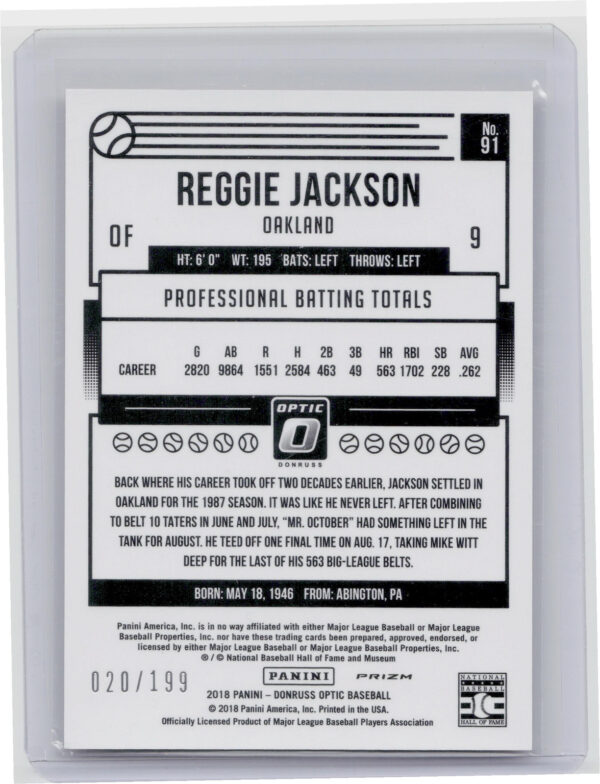 2018 Donruss Optic Reggie Jackson Orange SN199 #91 Athletics - Image 3