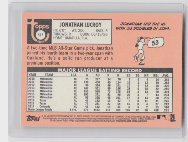 2018 Heritage Jonathan Lucroy SP VAR #517 Athletics - Image 3