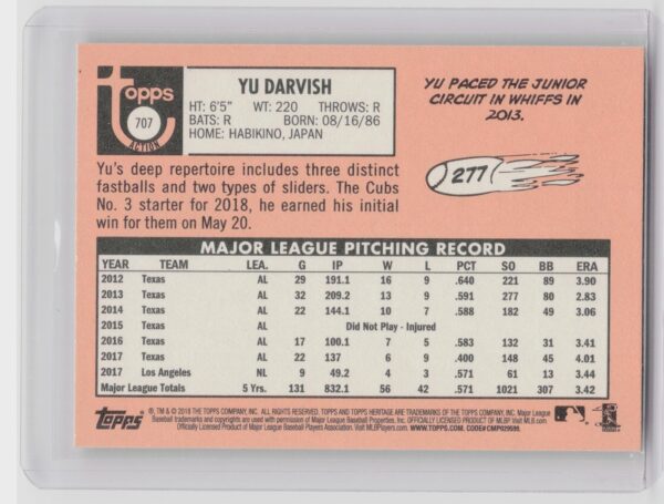 2018 Heritage Yu Darvish SP VAR #707 Cubs - Image 3