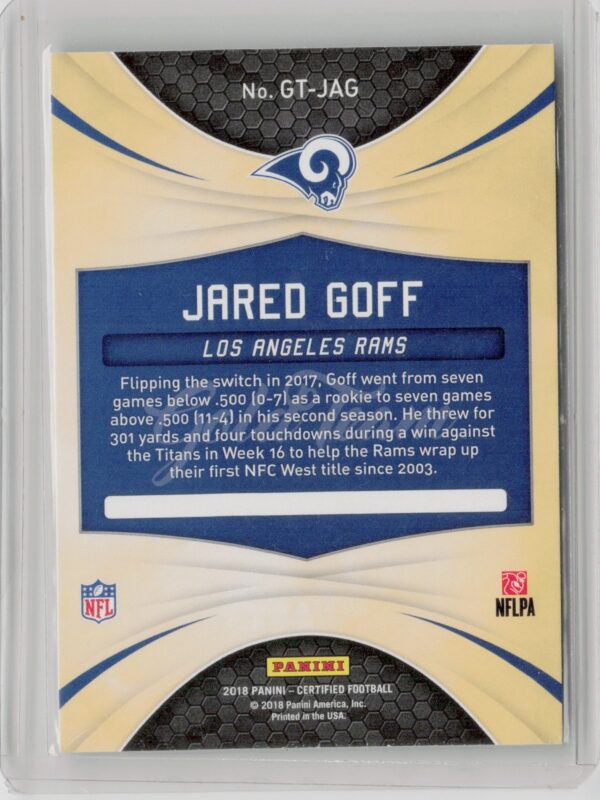 2018 Panini Certified Jared Goff #GT-JAG Rams Gold Team - Image 3