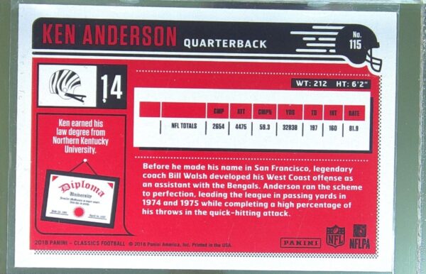 2018 Panini Classics Ken Anderson /299 Red Back #115 Bengals - Image 3