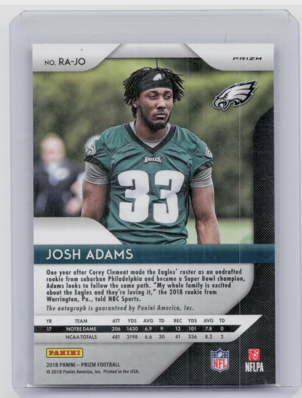 2018 Panini Prizm Josh Adams AU #RA-JO Eagles Rookie Autographs Prizm Neon Green - Image 3