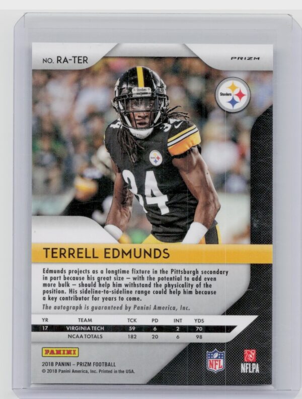 2018 Panini Prizm Terrell Edmunds AU #RA-TER Steelers Rookie Autographs Prizm Ne - Image 3