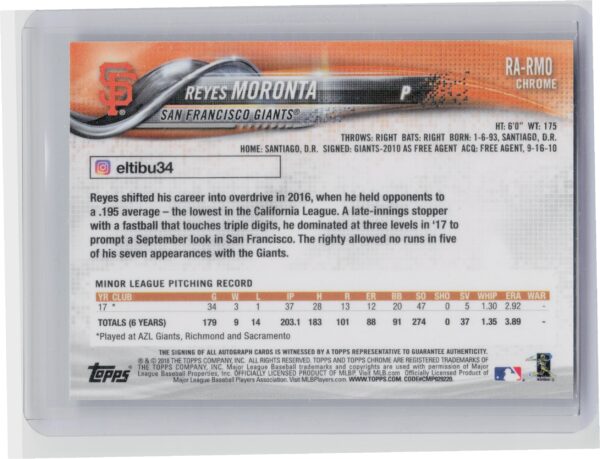 2018 Topps Chrome Reyes Moronta AU #RA-RMO Giants Rookie Autographs - Image 3