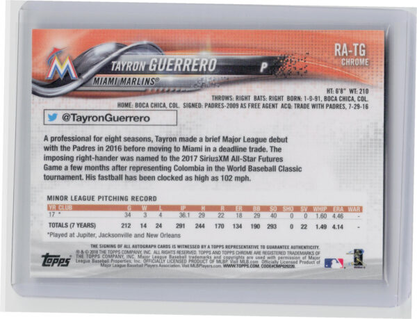 2018 Topps Chrome Tayron Guerrero AU #RA-TG Marlins Rookie Autographs - Image 3