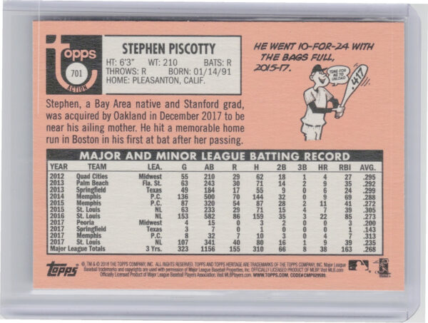 2018 Topps Heritage Stephen Piscotty SP VAR #701 Athletics - Image 3