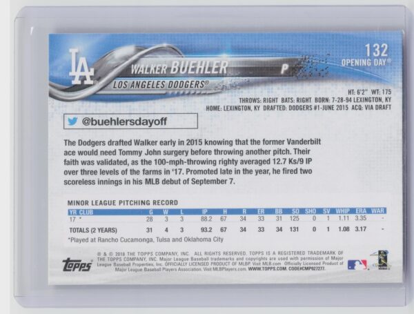 2018 Topps Opening Day Walker Buehler #132 Dodgers - Image 3