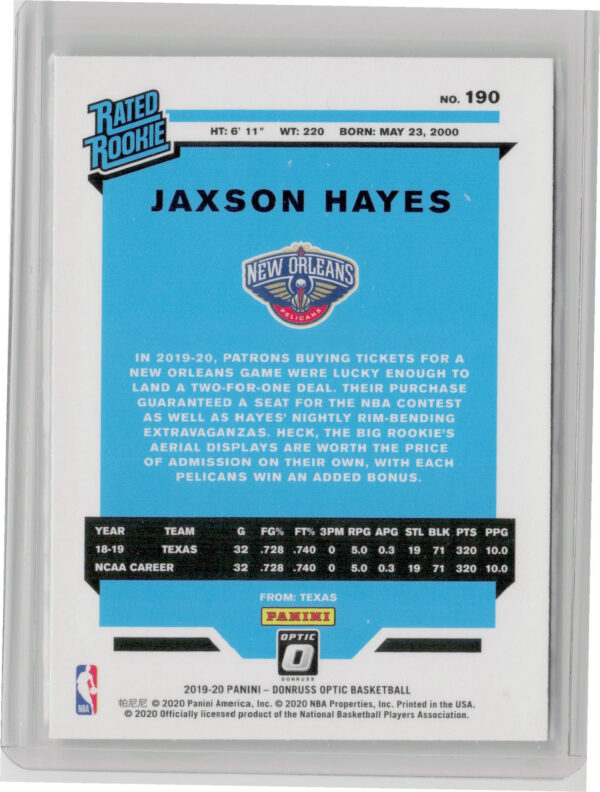 2019-20 Donruss Optic Jaxson Hayes RC #190 Pelicans - Image 3