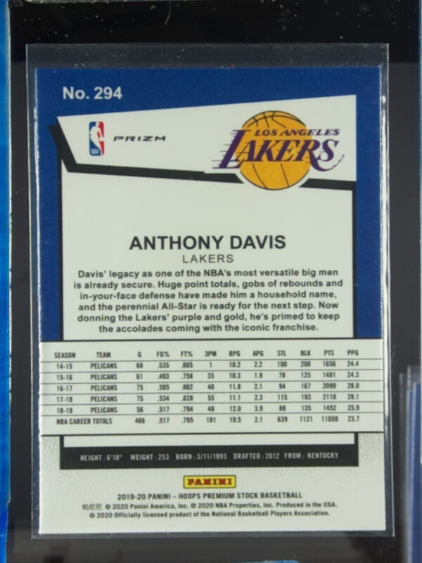 2019-20 Hoops Premium Stock Anthony Davis Prizms Silver #294 Lakers - Image 3