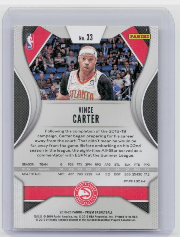 2019-20 Panini Prizm Vince Carter Prizms Orange Ice #33 Hawks - Image 3