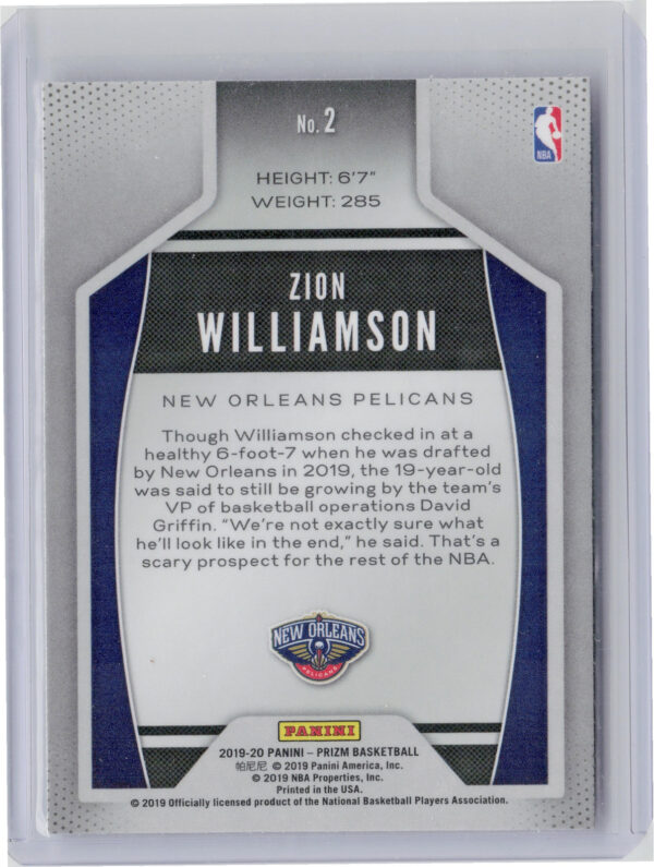 2019-20 Panini Prizm Zion Williamson #2 Pelicans Instant Impact - Image 3