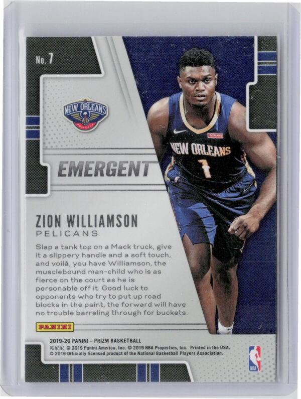 2019-20 Panini Prizm Zion Williamson #7 Pelicans Emergent - Image 3