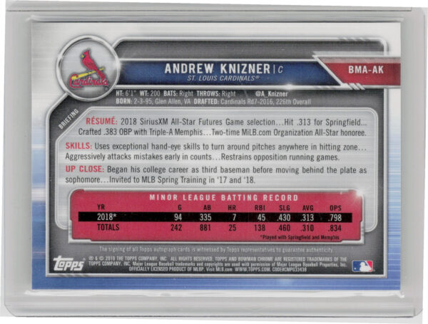 2019 Bowman Andrew Knizner AU #BMA-AK Cardinals Mega Box Autographs Mojo - Image 3